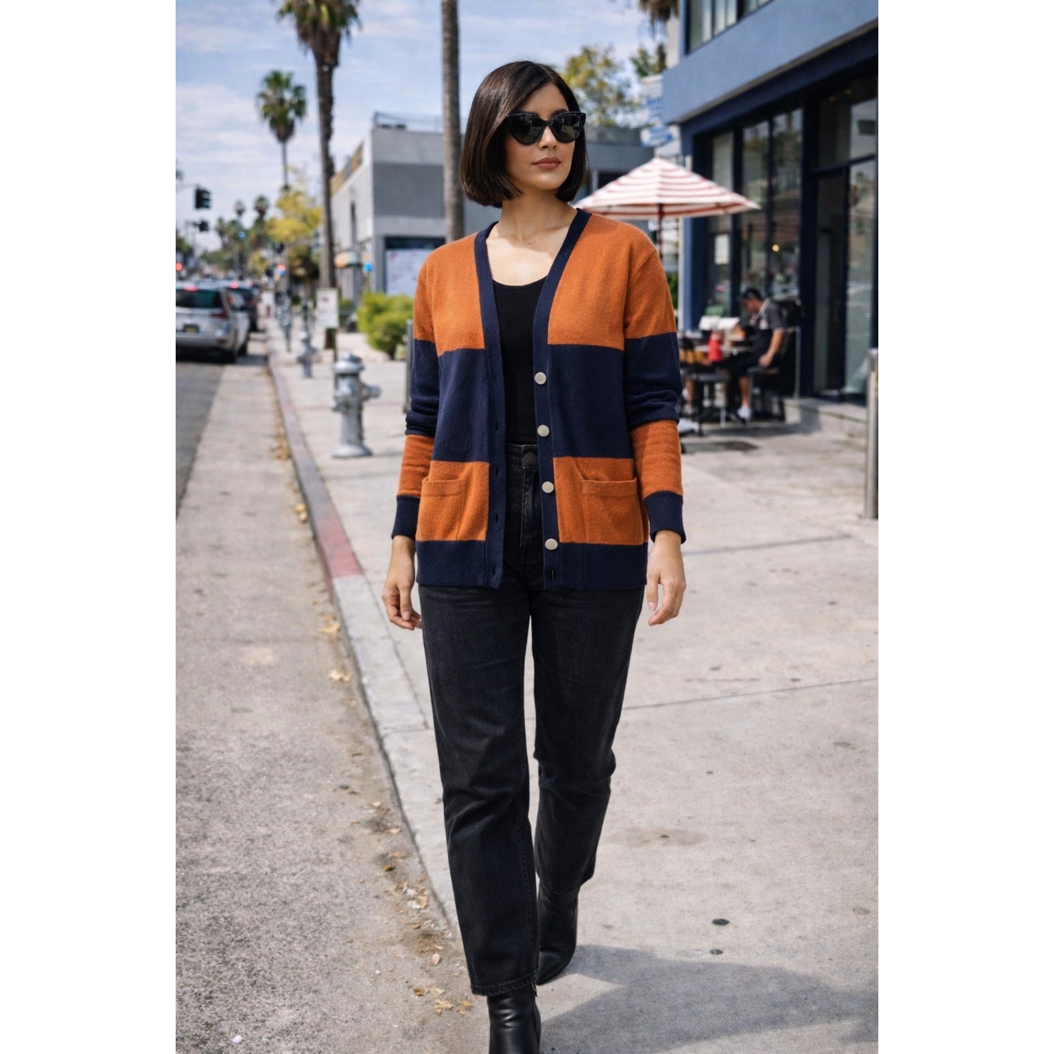 White + Warren Cashmere Cardigan Sweater Women's Small Orange Blue Stripe Size S